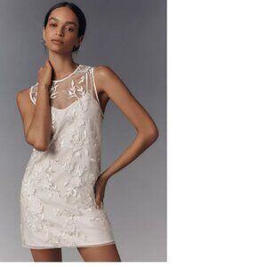 Anthropologie Flat White Sheer Embroidered Mini Dress Size L White NWT
